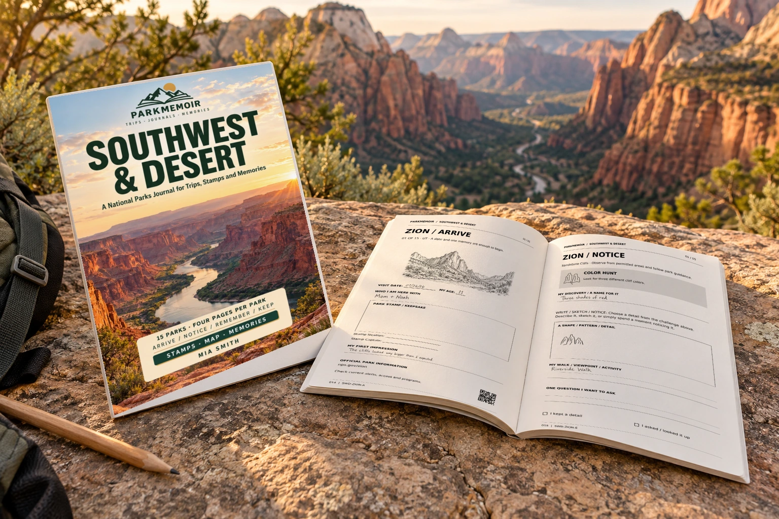 Southwest & Desert paperback beside an open Zion chapter in a warm canyon setting