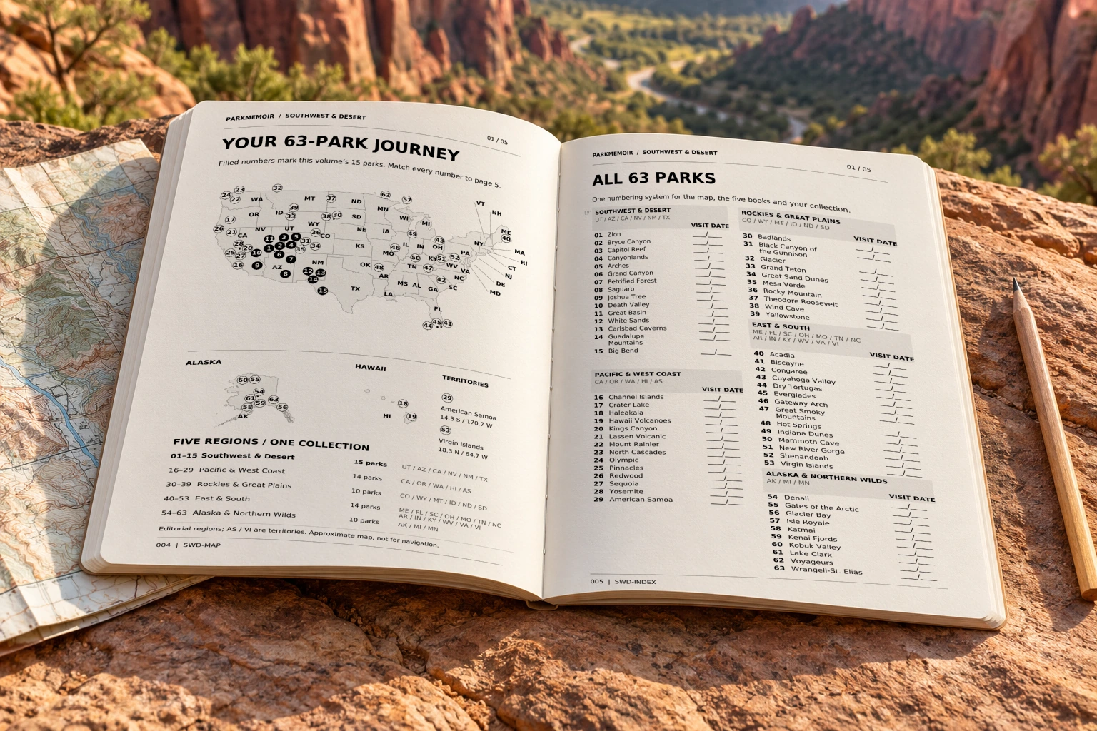 The original 63-Park Journey map and All 63 Parks index inside an open paperback on a canyon trip