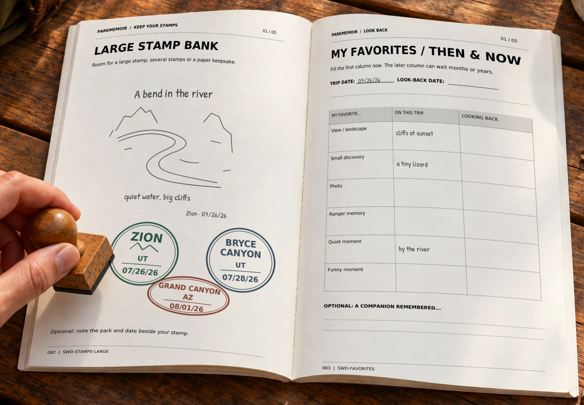 A hand using the real Large Stamp Bank beside the Favorites / Then & Now page, with handwritten memories and colorful example travel stamps
