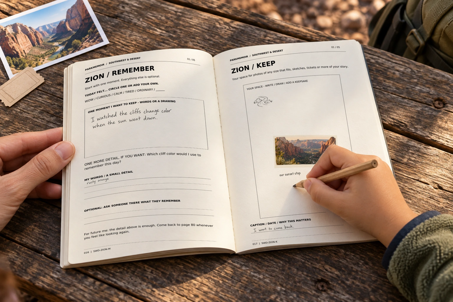 A child recording a family park memory in the authentic Zion REMEMBER and KEEP journal pages