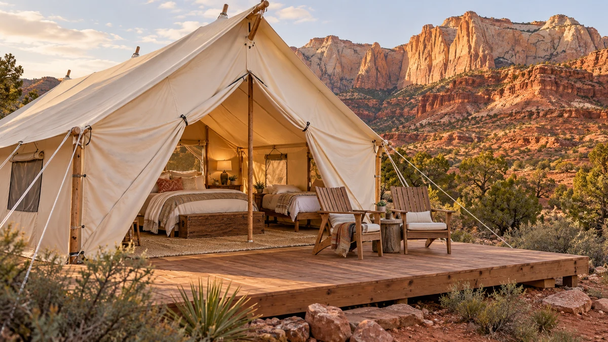 Safari-style canvas glamping tent with family beds and deck seating in Southern Utah