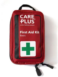 Small red zippered first-aid pouch with a carry handle.