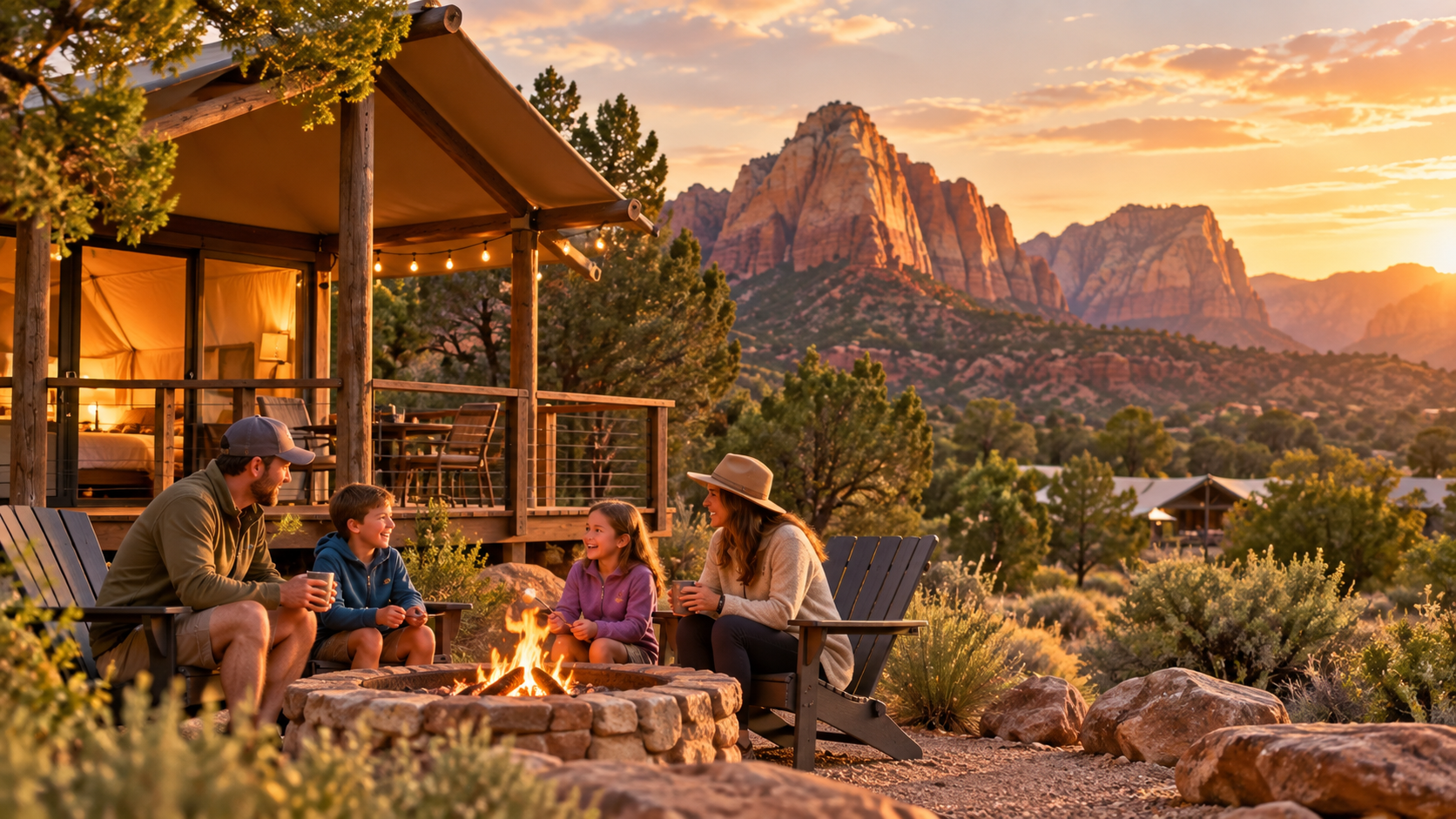 Family relaxing around a campfire at a Zion-area glamping stay
