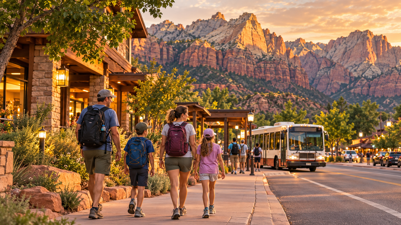 Family walking near a Zion-area lodging base