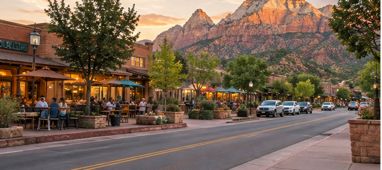 Springdale lodging and dining area beneath Zion cliffs