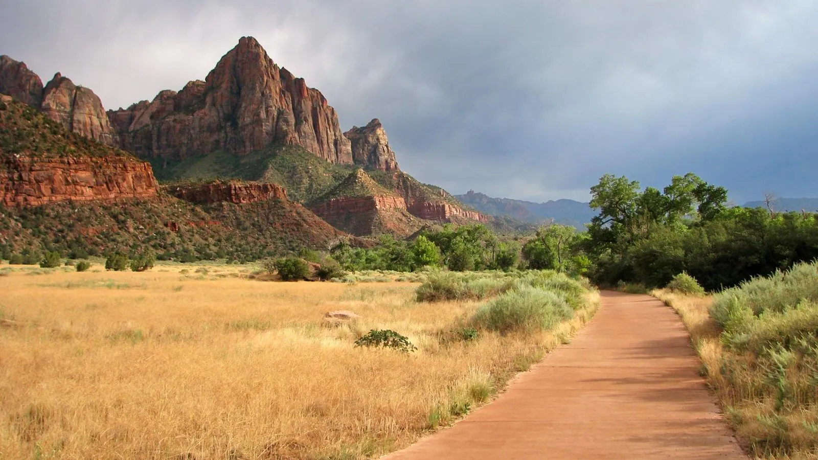 A paved section of Pa’rus Trail crossing a meadow toward the Watchman