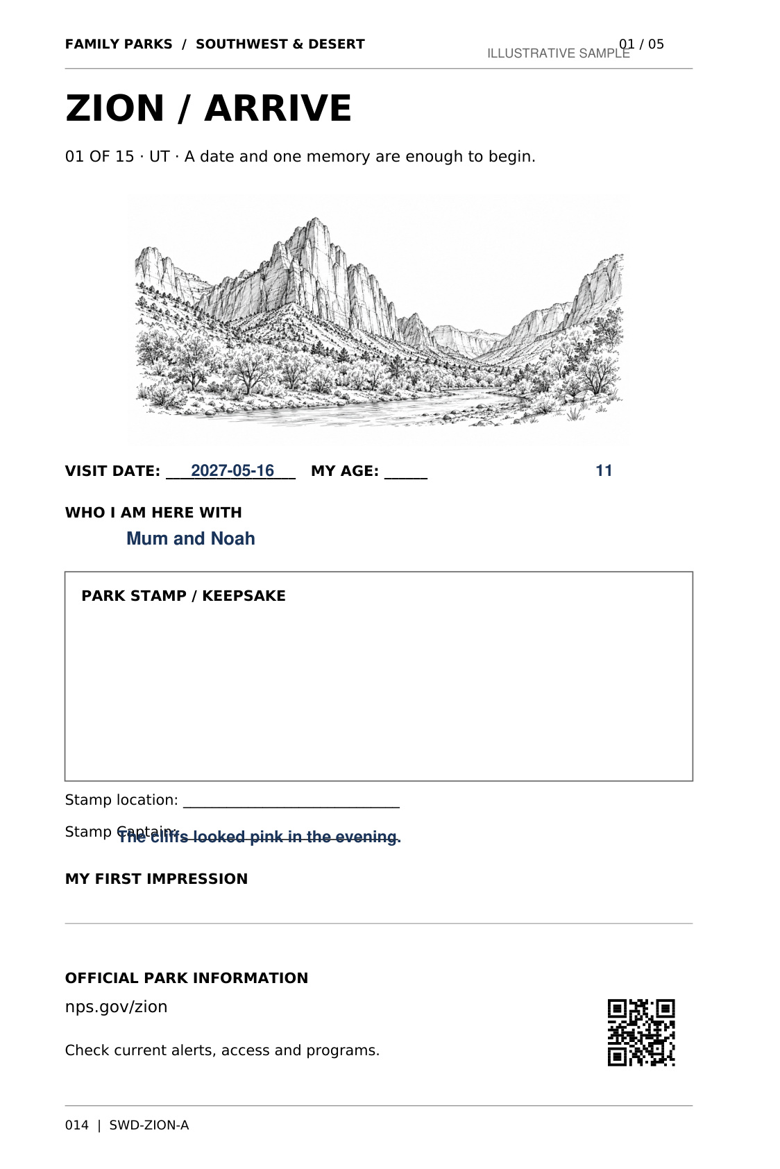 ARRIVE journal page for Zion National Park